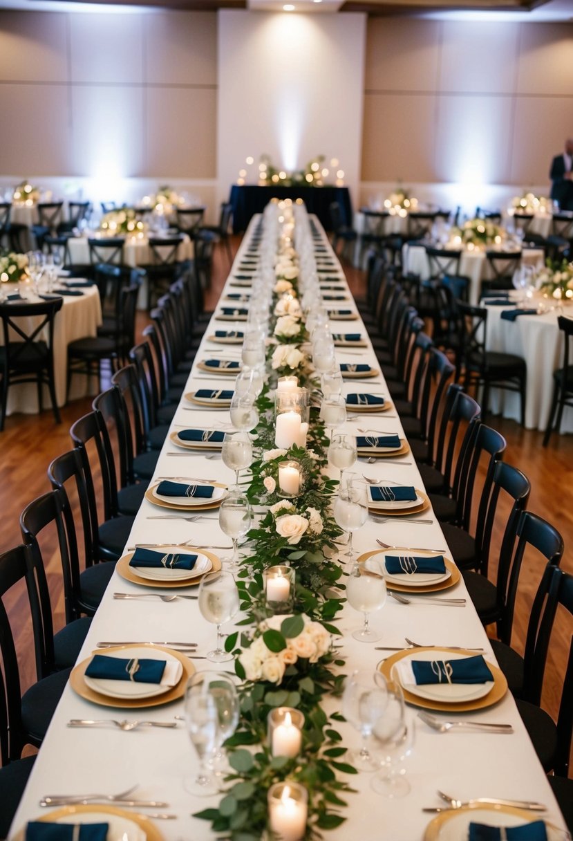 A long banquet table with elegant place settings, surrounded by smaller round tables for guests, set in a spacious and well-lit reception hall