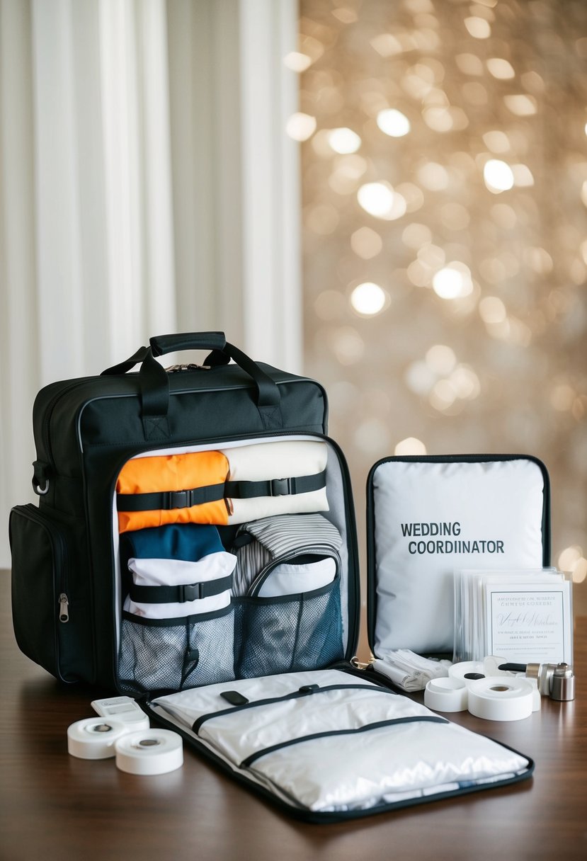 A wedding coordinator's bag with extra outfits and emergency supplies, neatly organized and ready for use