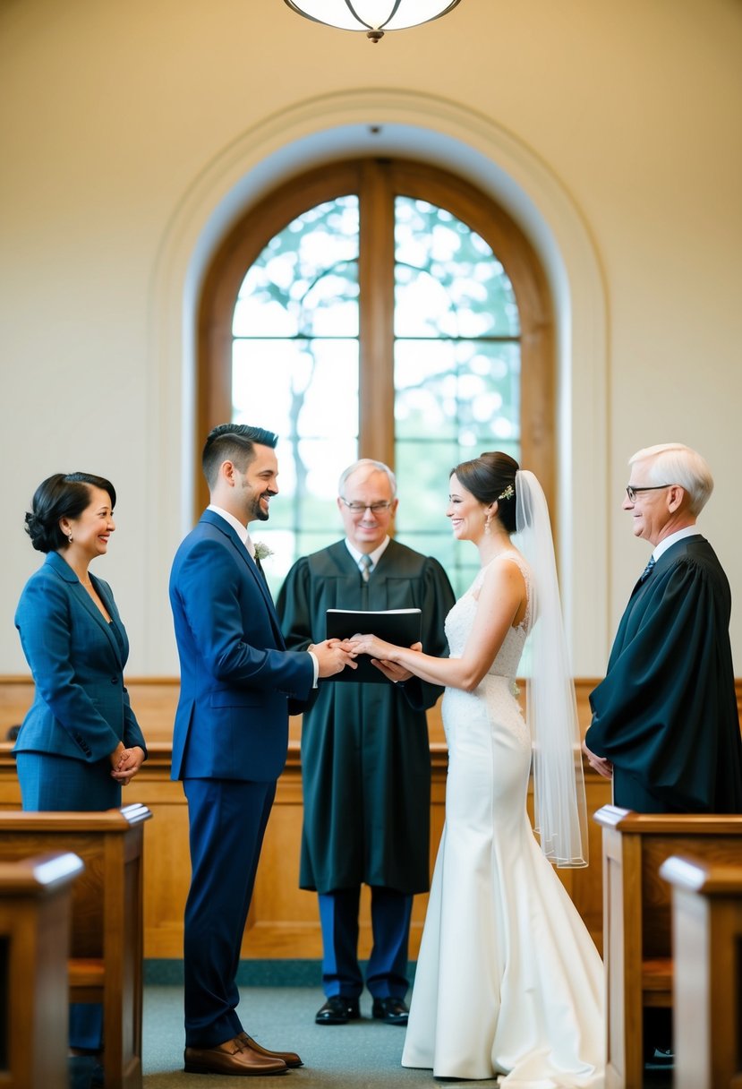 A couple exchanging vows in a simple, elegant courthouse setting with a judge and witness present