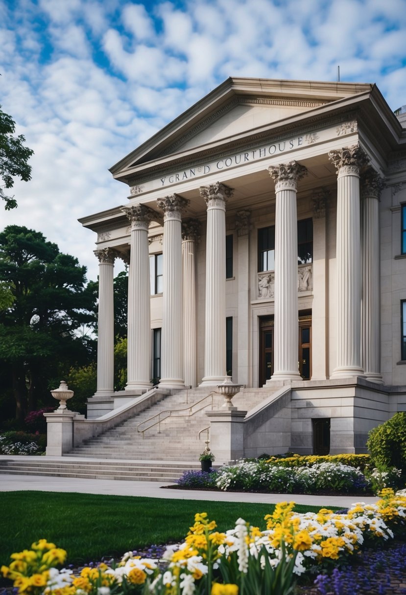 A grand courthouse with ornate columns and a sweeping staircase, surrounded by lush gardens and blooming flowers