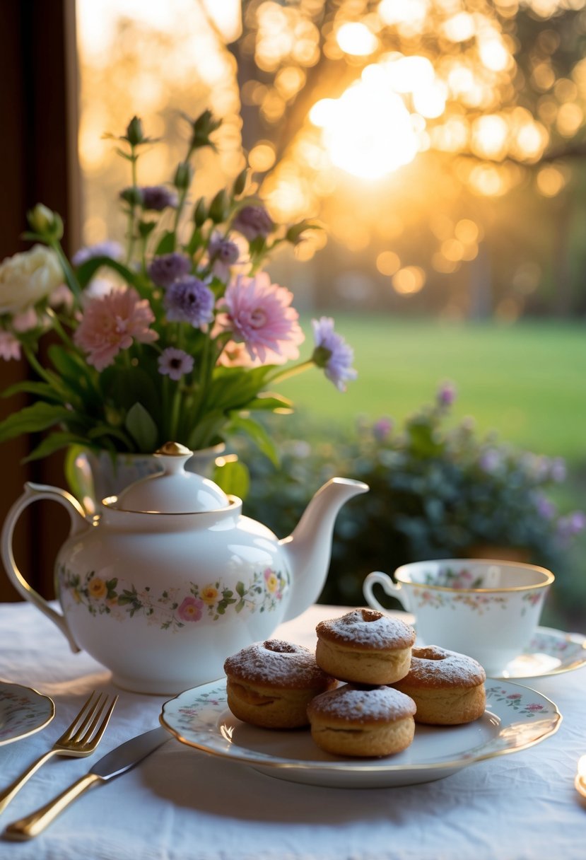 A table set with a delicate teapot, fresh flowers, and a plate of pastries, bathed in warm morning light