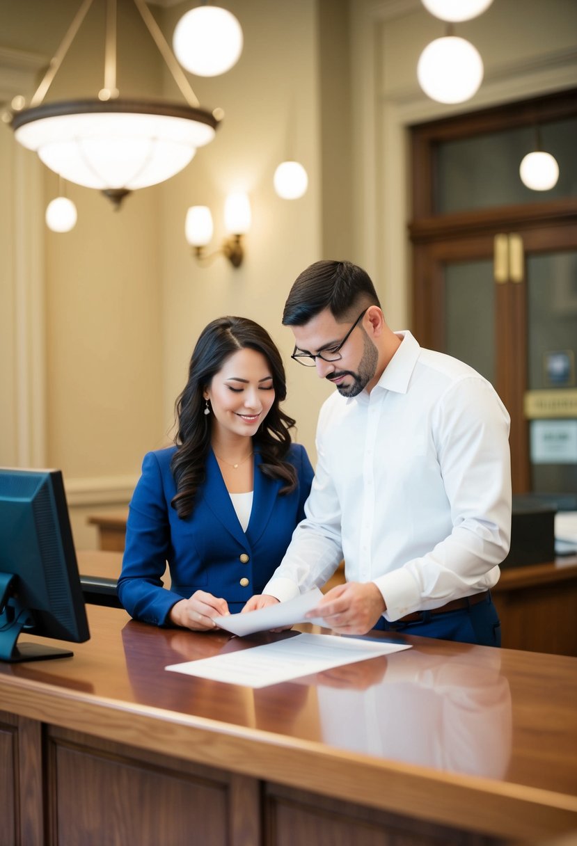 A couple checks a list of marriage license requirements at a courthouse information desk