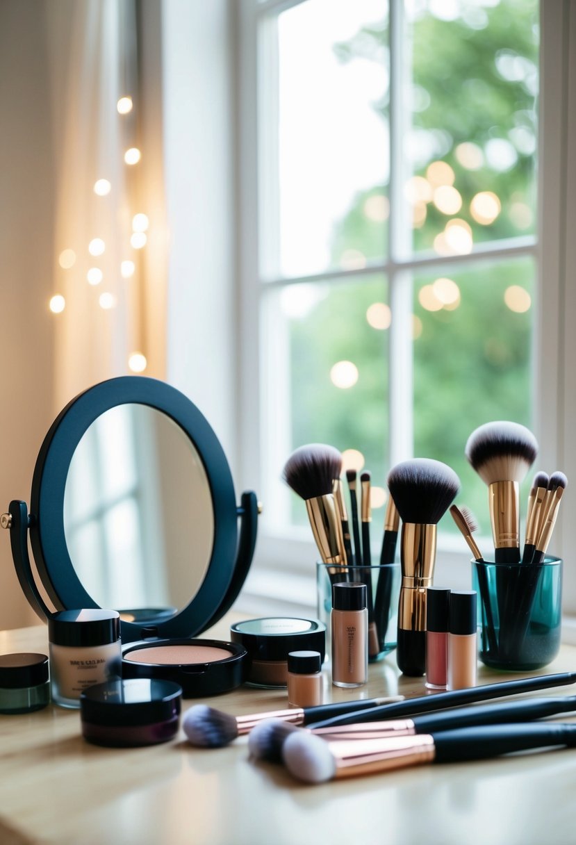 A table with neatly arranged makeup products, a mirror, and various brushes. Light streams in through a window, casting a soft glow on the scene