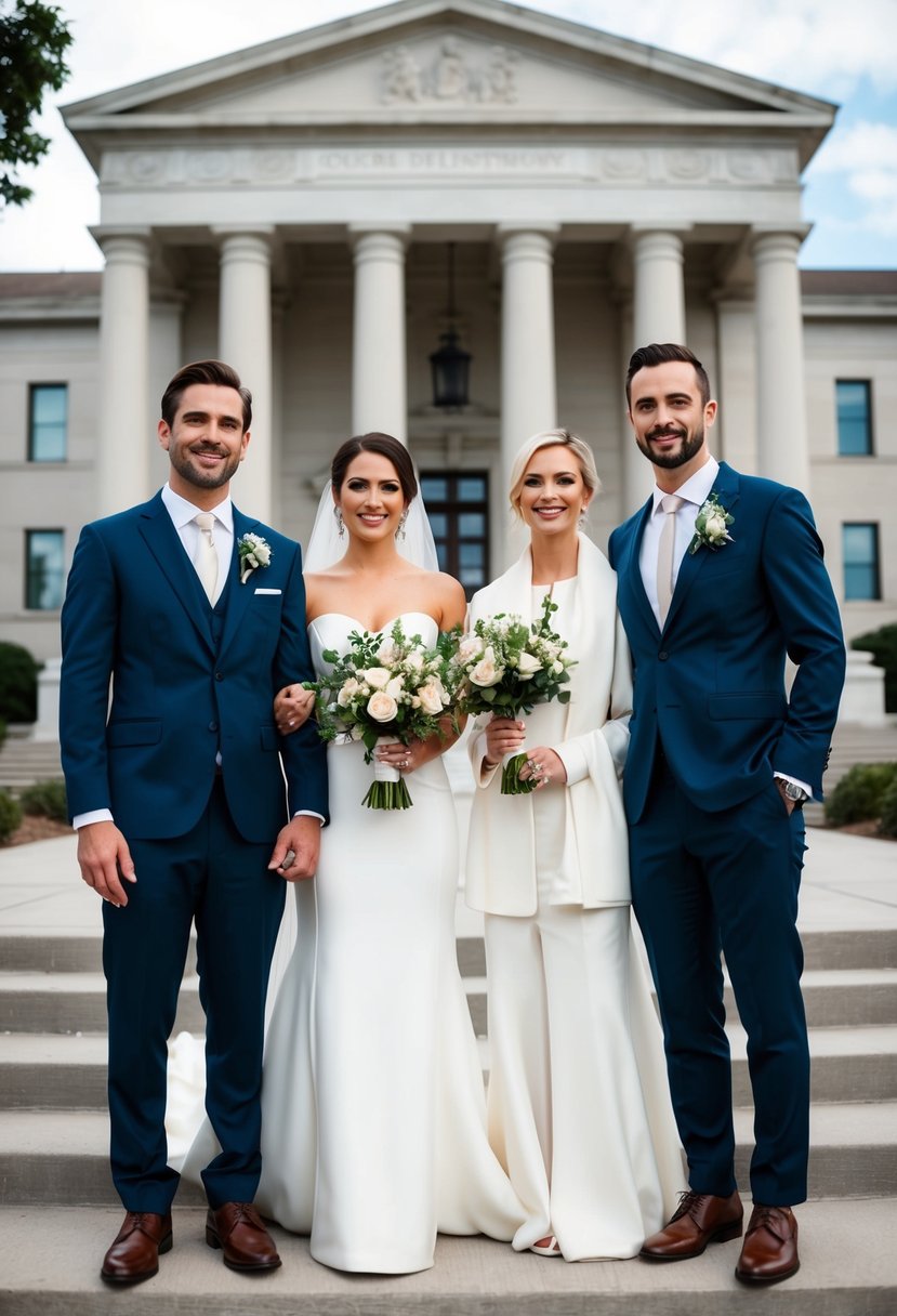 A bride and groom standing in front of a courthouse, dressed in modern and stylish wedding attire that reflects their individual personalities