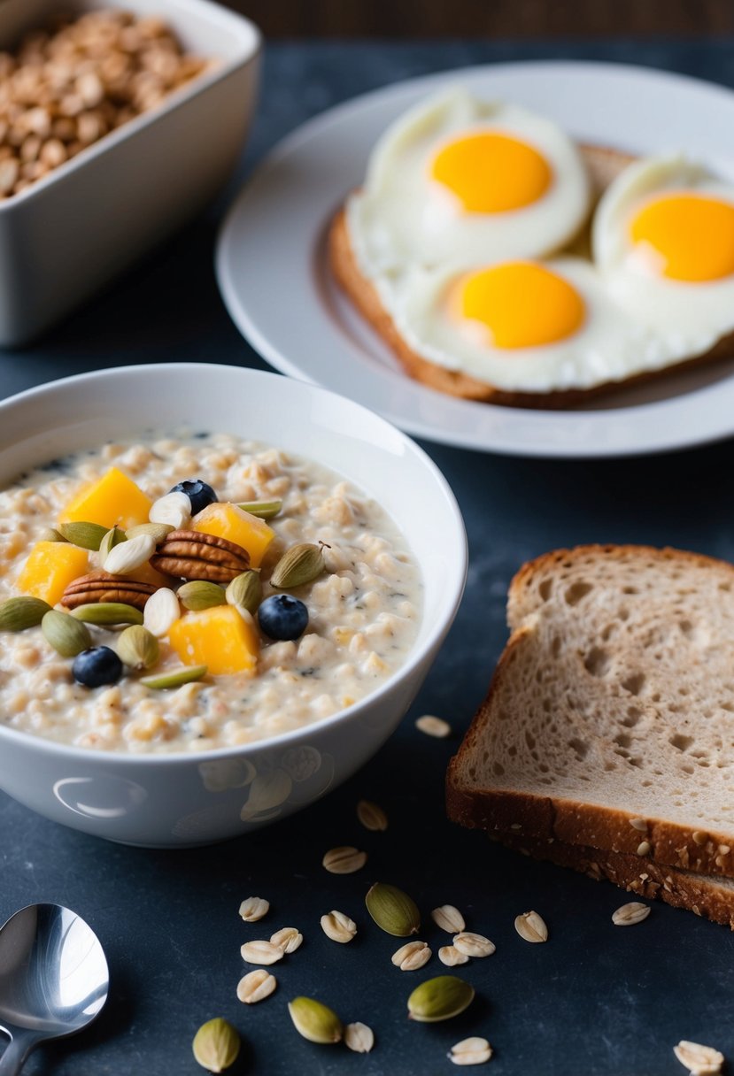 A bowl of oatmeal topped with nuts, seeds, and fruit, alongside a plate of scrambled eggs and whole grain toast