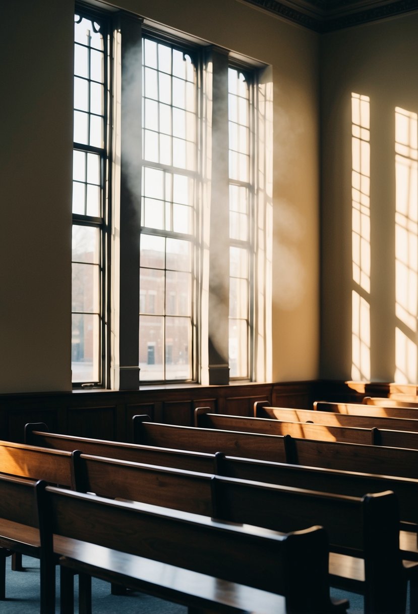 Morning sunlight streams through the courthouse windows, casting long shadows on the empty wooden pews. The room is quiet and still, with the promise of a simple and intimate ceremony