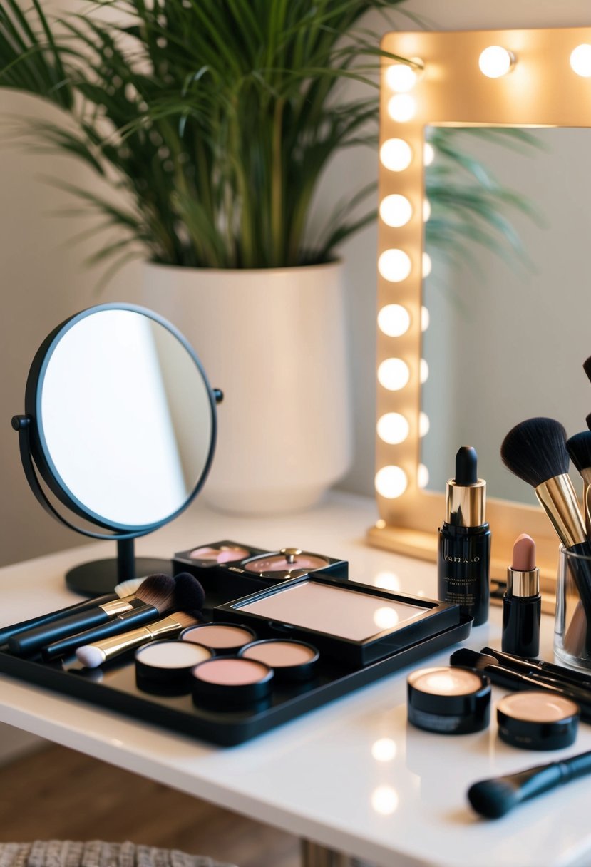 A table with various makeup products and tools, a mirror, and a clean, moisturized face