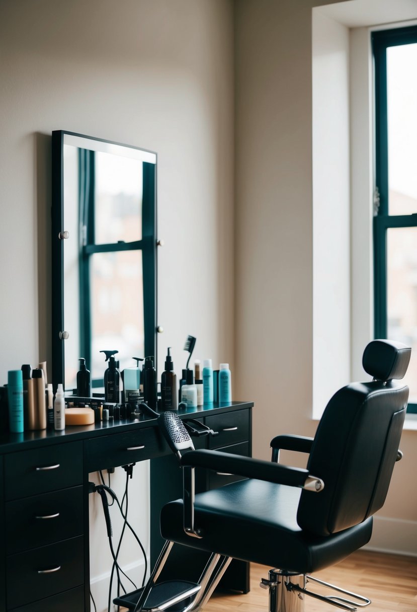 A hairstyling station with various tools and products, a mirror, and a comfortable chair in a well-lit room