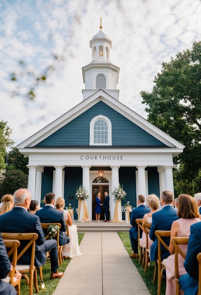 A small courthouse with a few guests seated in an intimate setting, with minimal decorations and a relaxed atmosphere