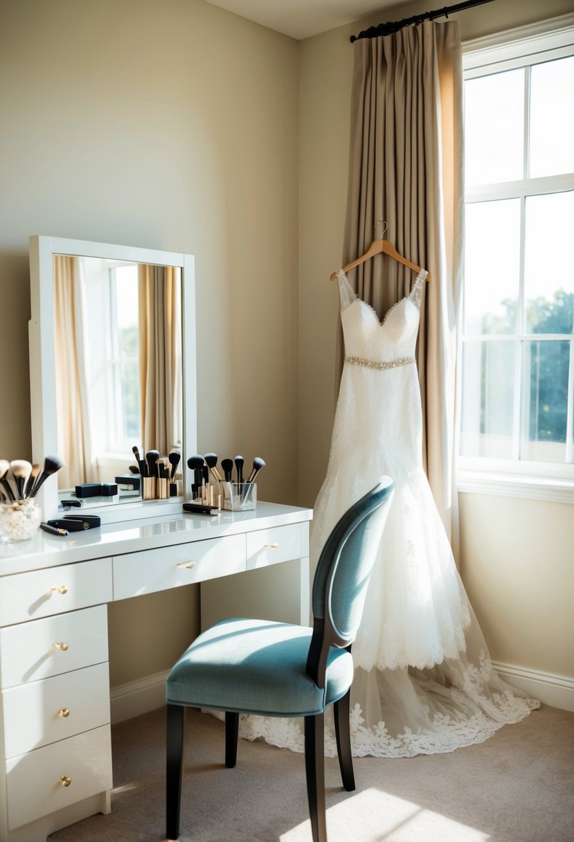 A sunlit bedroom with a vanity, mirror, and wedding dress draped over a chair. Makeup and hair accessories are neatly arranged on the table