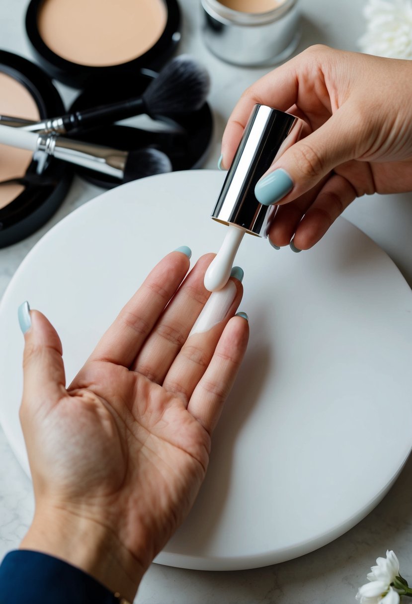 A hand applying primer to a clean, smooth surface before adding foundation for a wedding makeup look