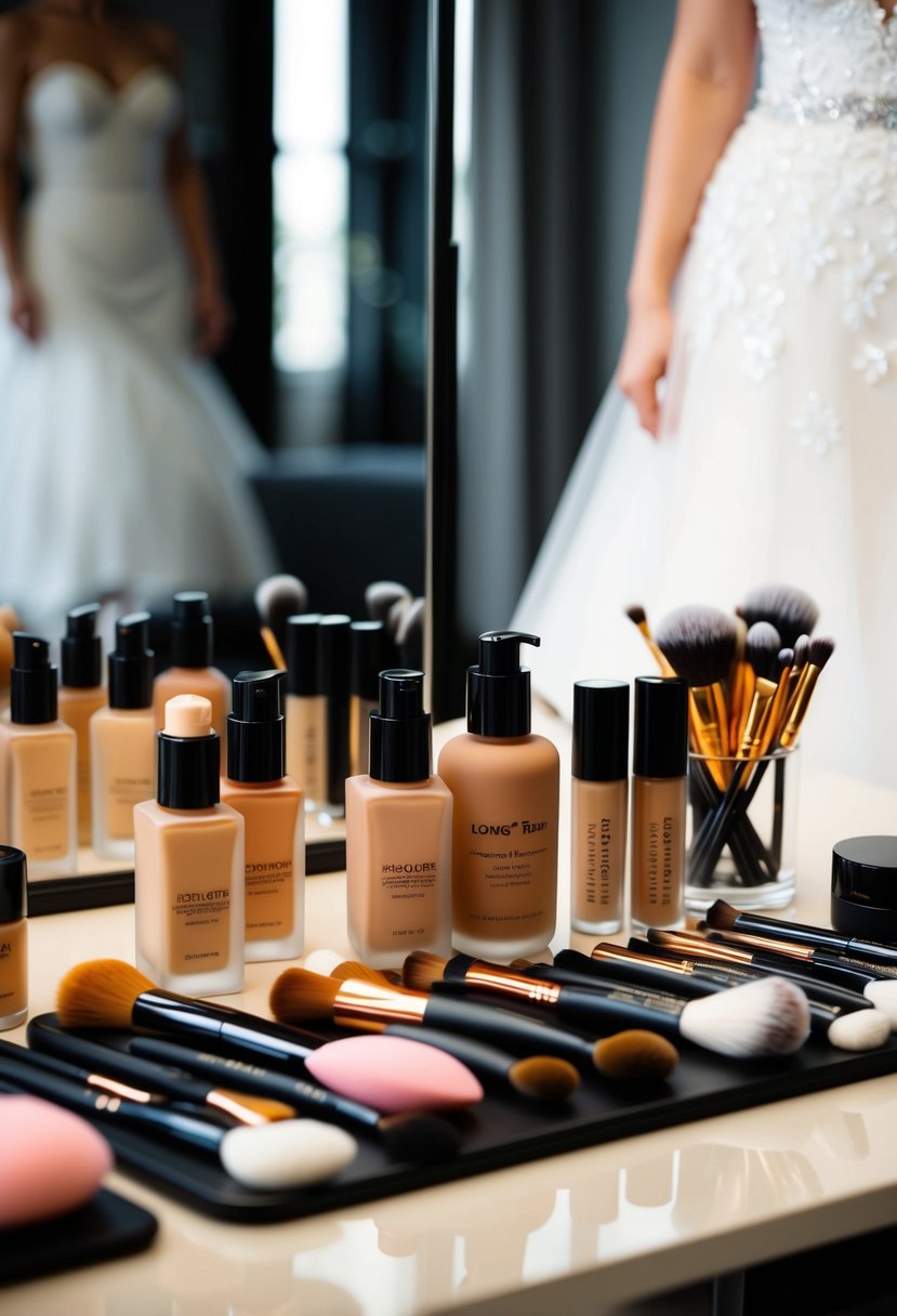 A table with various long-wear foundation bottles, brushes, and makeup sponges arranged neatly. A mirror reflects the setup, with a wedding dress in the background