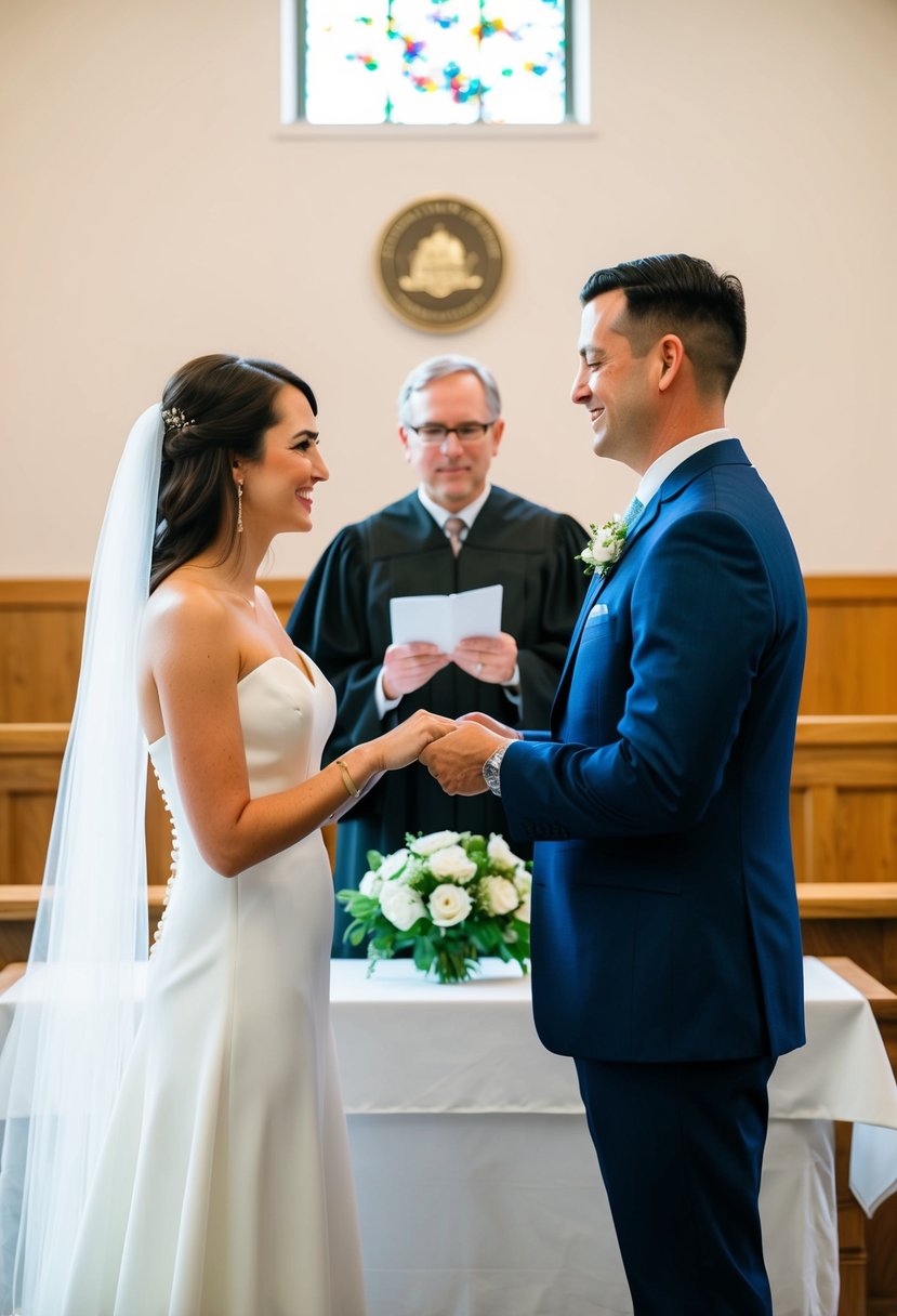 A couple exchanging vows in front of a judge at a simple courthouse wedding ceremony