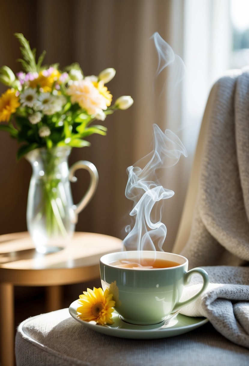 A cozy, sunlit room with a steaming cup of tea, a vase of fresh flowers, and a soft blanket draped over a chair