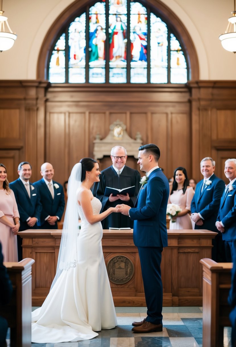 A couple standing at the courthouse altar, exchanging heartfelt vows as onlookers smile and witness the meaningful ceremony