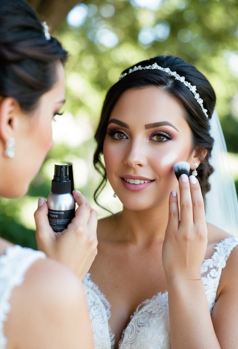 A bride applies makeup in natural light, avoiding heavy foundation and using setting spray. She checks her reflection in a handheld mirror