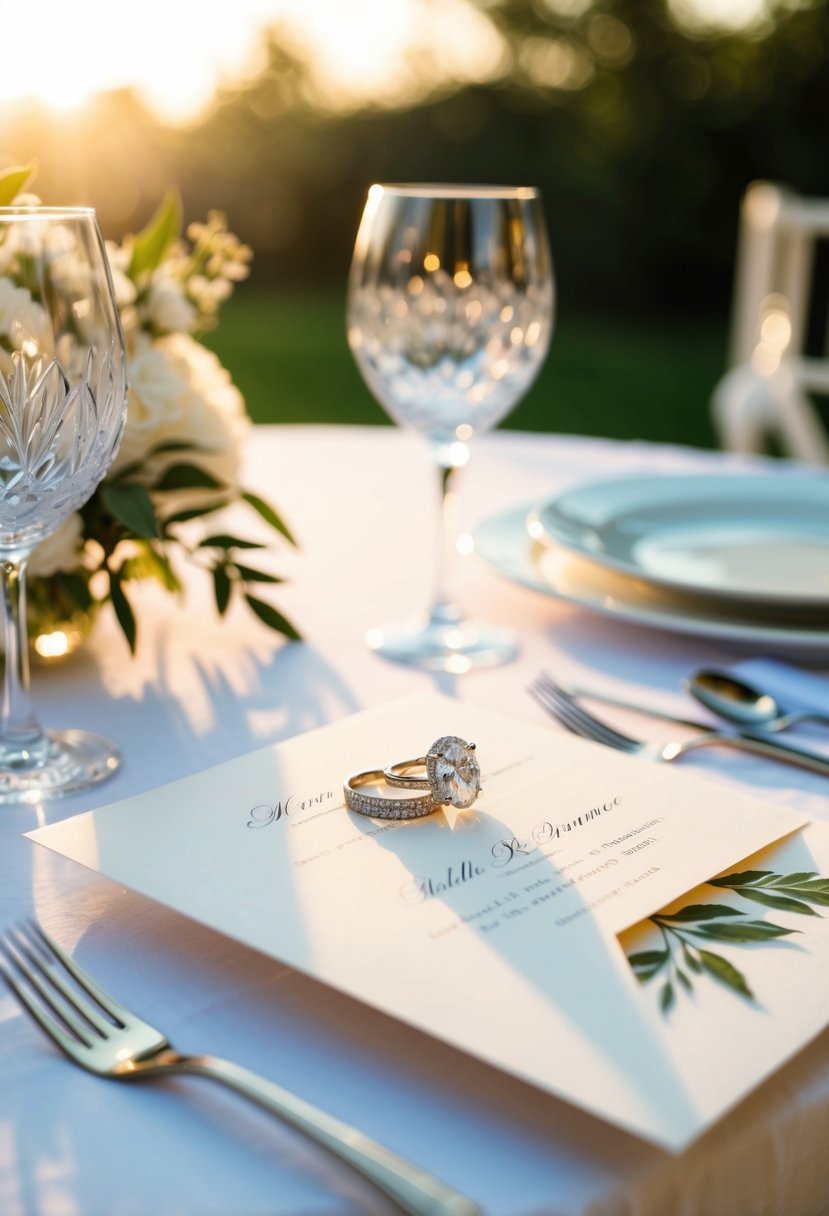 A table set with elegant wedding invitations and sparkling rings, bathed in soft morning light