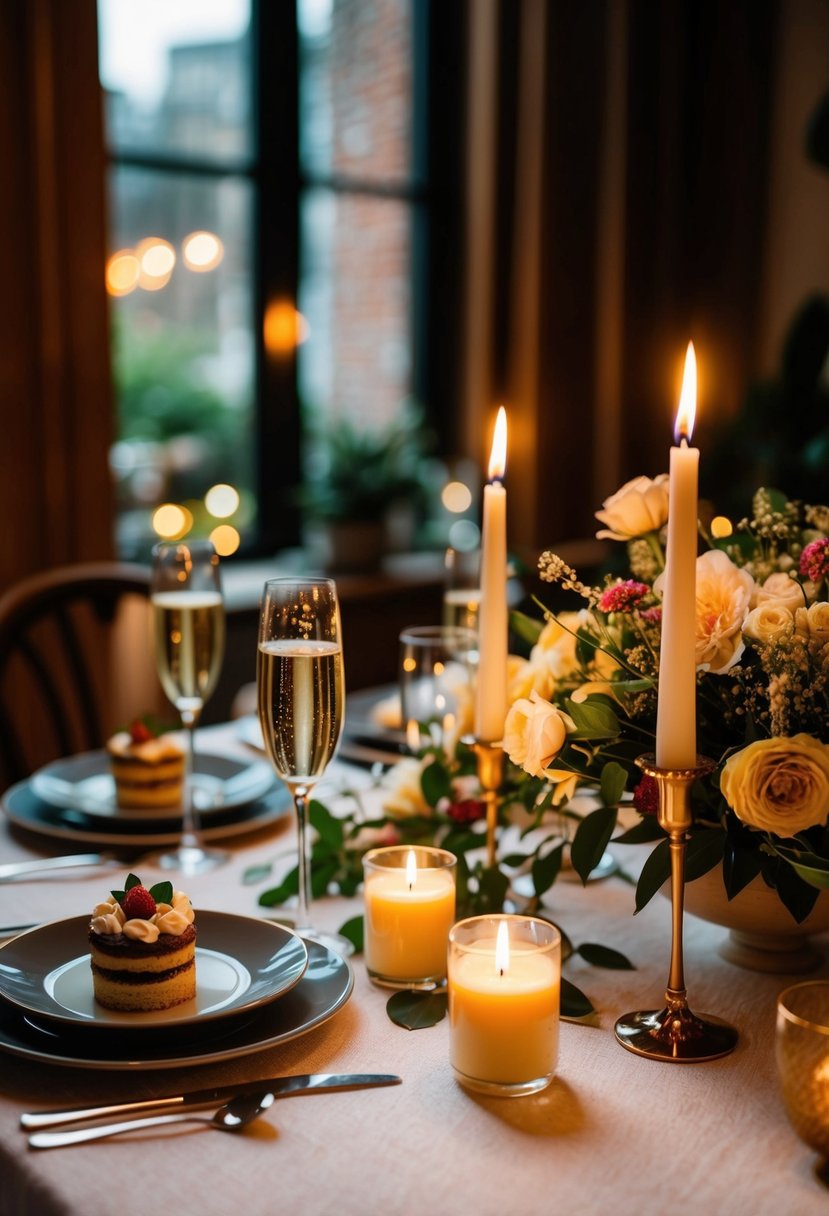 A cozy dinner table with candles and flowers, a small cake, and champagne glasses