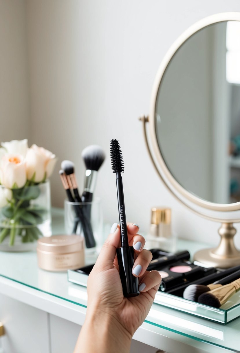 A bride's hand holding a waterproof mascara wand, with a mirror and makeup brushes on a clean, organized vanity