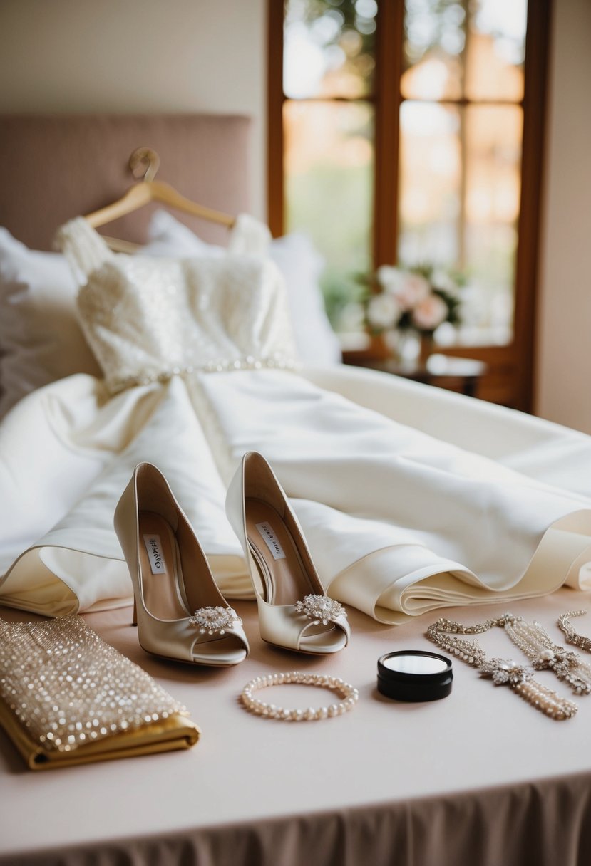 A dress and accessories laid out neatly on a table, ready for the wedding morning