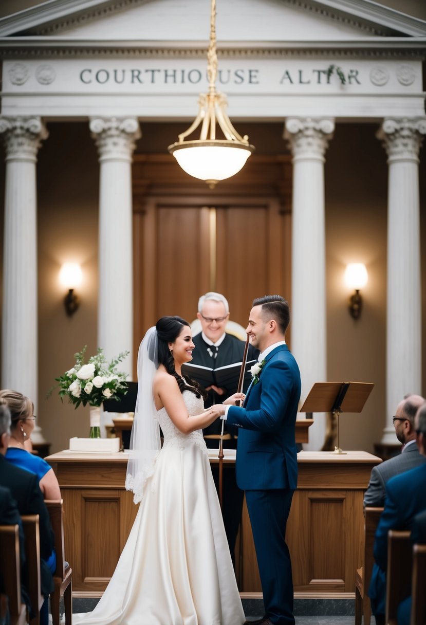 A couple stands at the courthouse altar, exchanging vows as a violinist plays a special song, adding a touch of romance to the intimate ceremony