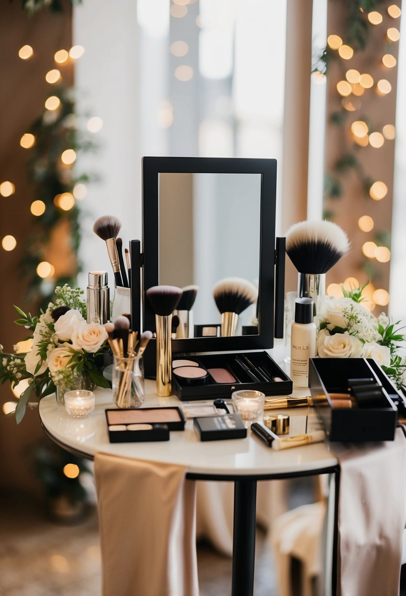 A table with makeup products, brushes, and a mirror, surrounded by flowers and wedding accessories