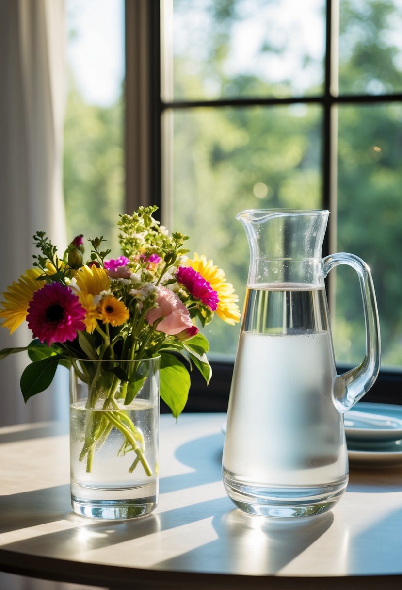 A table with a glass of water, a pitcher, and a bouquet of flowers. Sunlight streams through the window onto the scene