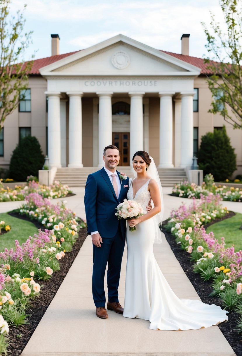 A couple stands in front of a courthouse, surrounded by blooming flowers and a winding path leading to a peaceful garden for post-ceremony photos