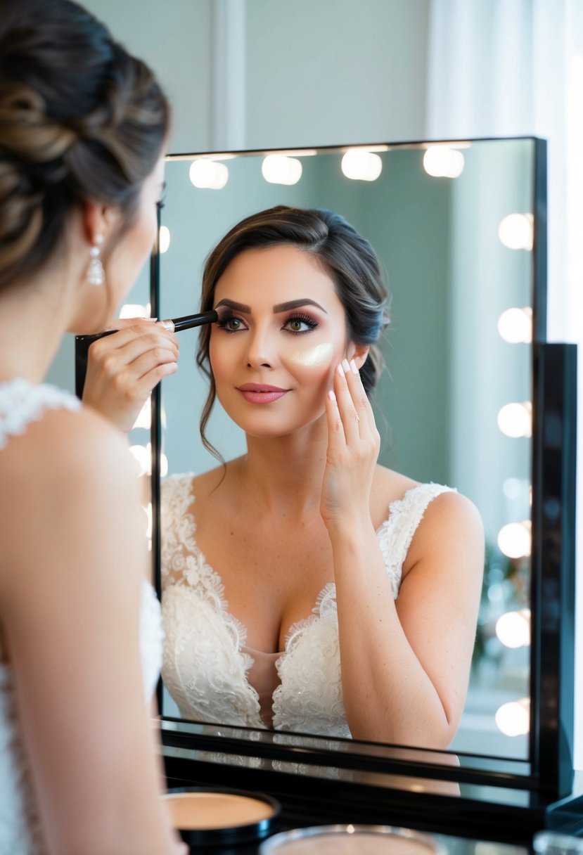 A bride sits at a vanity mirror, strategically applying highlight and contour to her face for her wedding day makeup. She carefully blends and shapes her features with precision