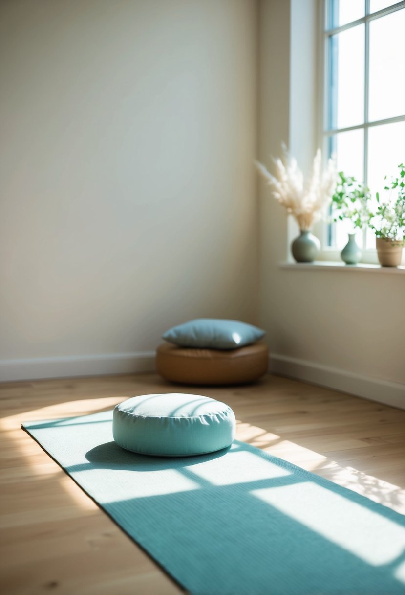 A serene, sunlit room with a yoga mat and meditation cushion. A soft color palette and natural elements create a peaceful atmosphere for mindfulness exercises