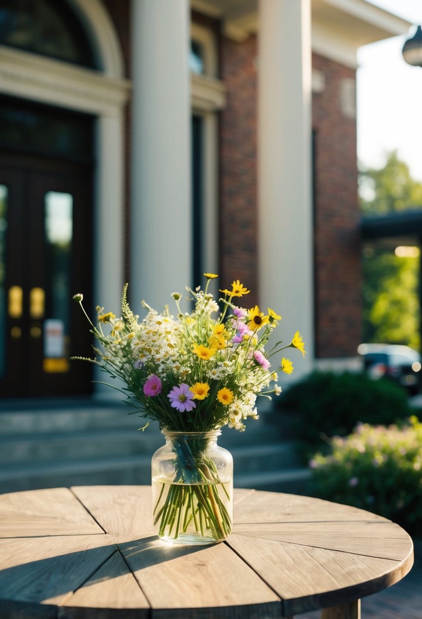 A small, simple bouquet of wildflowers sits on a wooden table in front of a courthouse. Sunlight streams through a nearby window, casting a warm glow on the delicate blooms