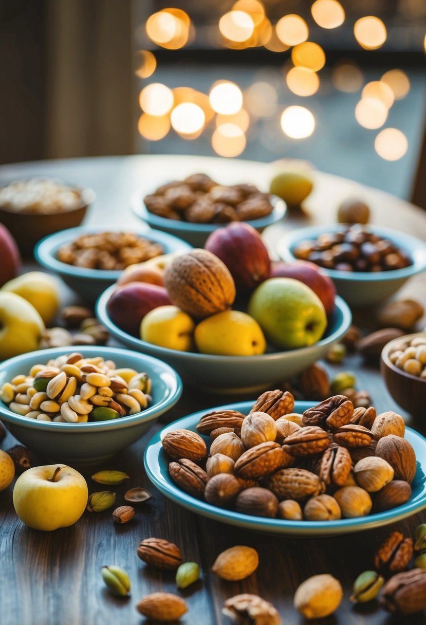 A table set with a variety of nuts and fruits, surrounded by soft morning light