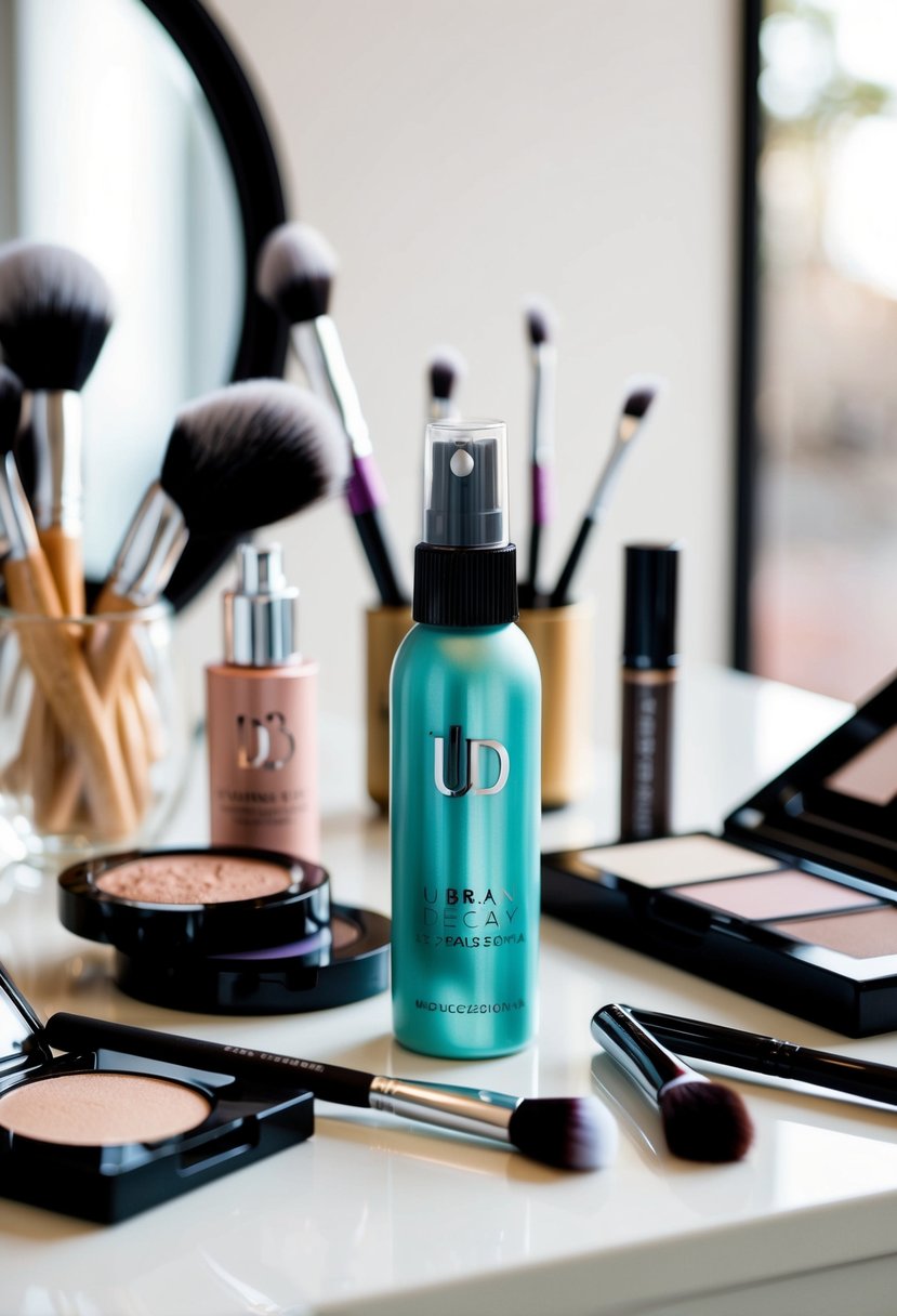 A bride's makeup station with Urban Decay setting spray on a table surrounded by brushes, palettes, and a mirror