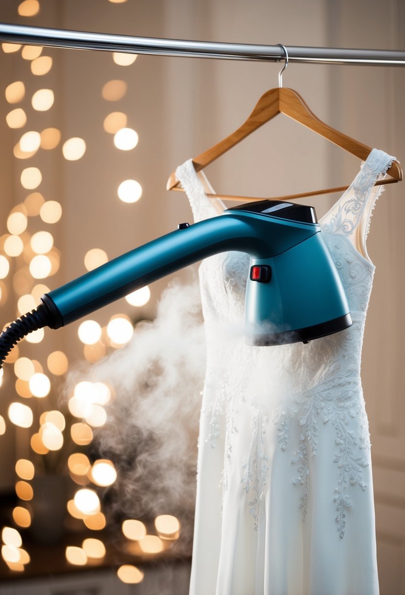 A garment steamer releasing steam onto a wedding dress on a hanger