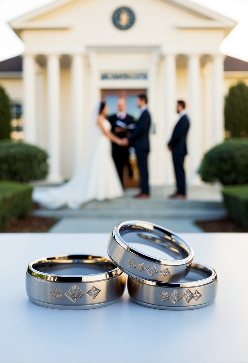 Two interlocking rings with unique engravings, set against a backdrop of a simple courthouse wedding ceremony