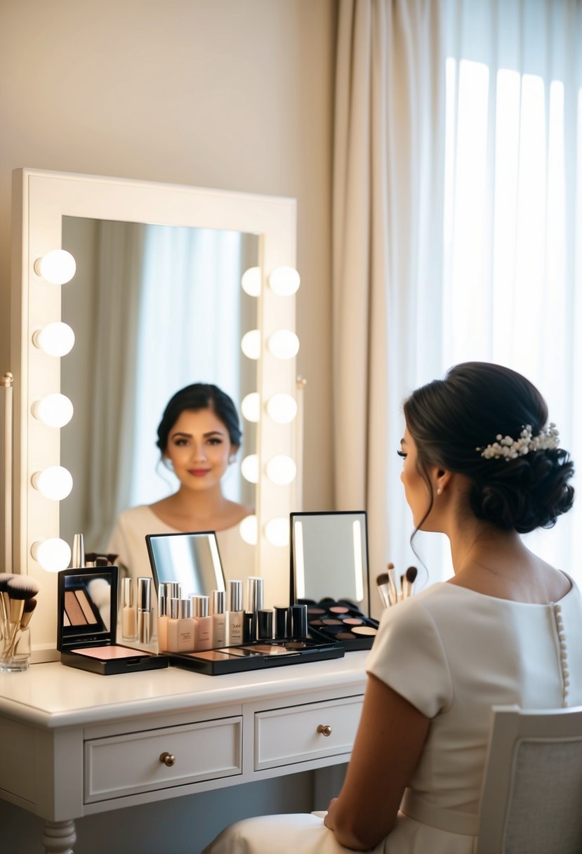 A serene, elegant makeup table with a palette of neutral and timeless shades, soft lighting, and a mirror reflecting the calm, focused bride