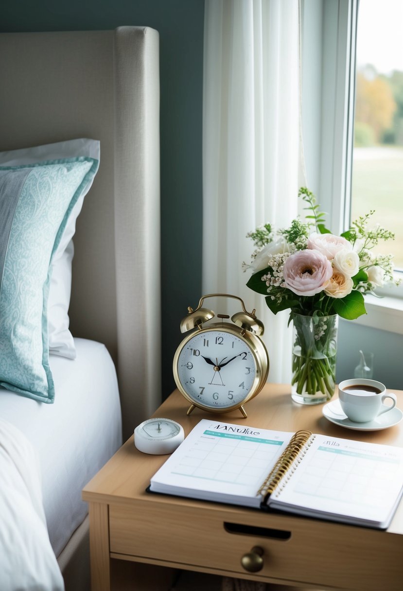 A serene bedroom with a clock on the nightstand and a planner open to the morning schedule. A cup of coffee and a bouquet of flowers sit nearby