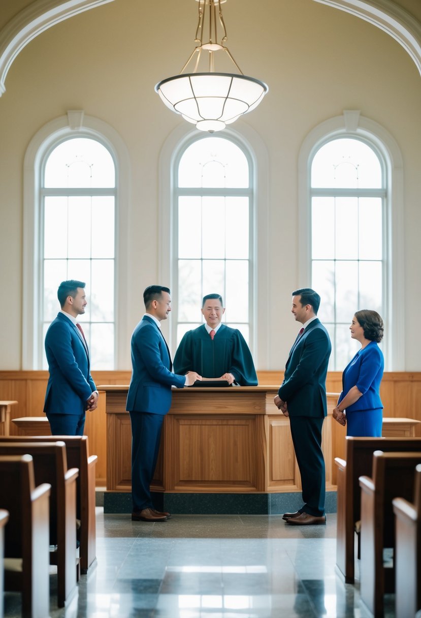 A simple courthouse setting with a judge, couple, and witnesses