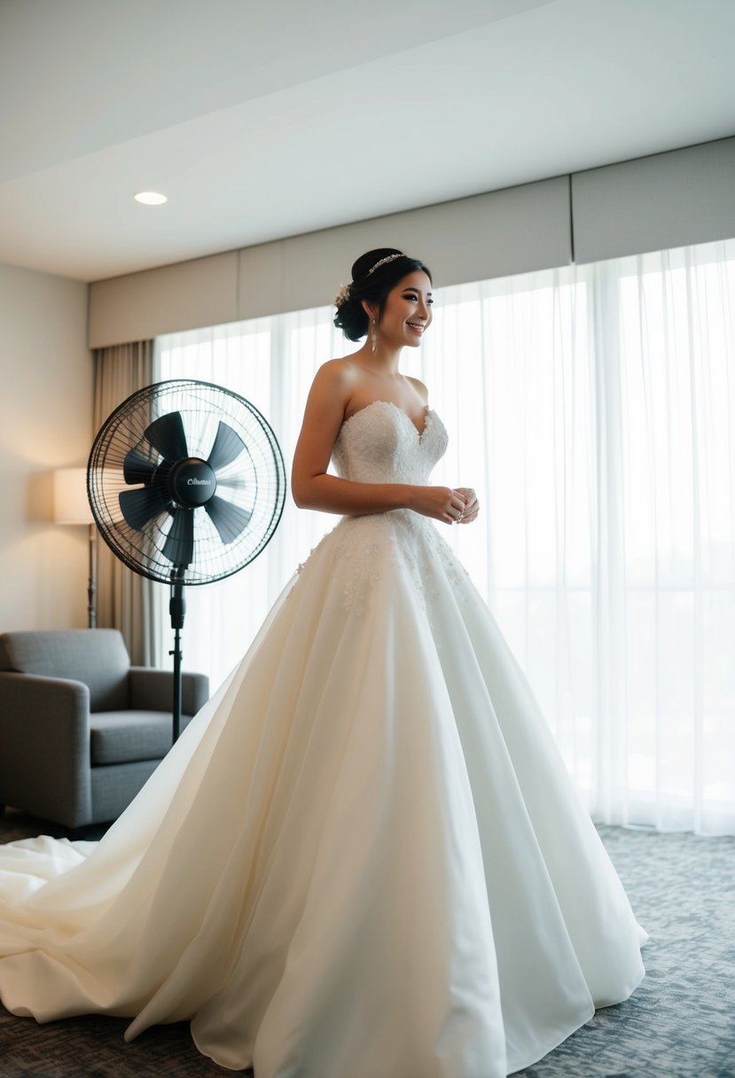 A bride's wedding gown billows in the breeze from a nearby fan as she gets ready for her big day