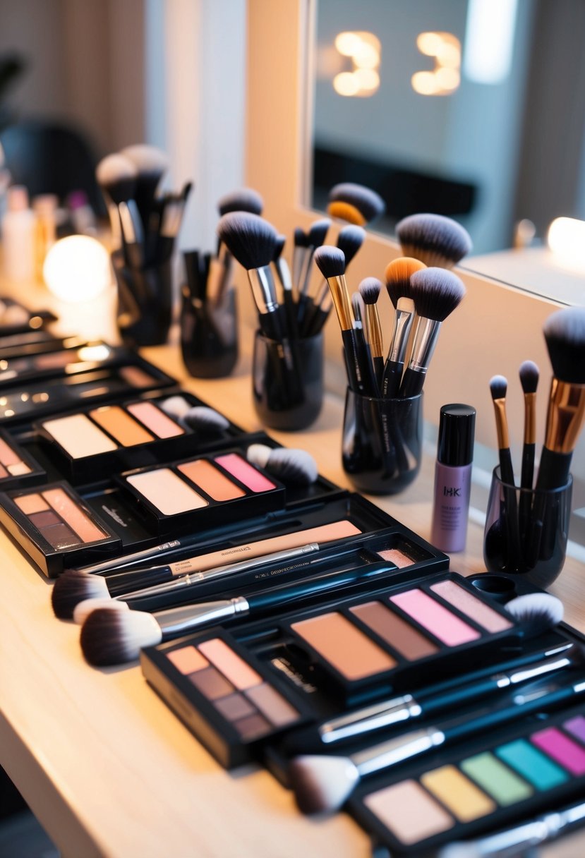 A makeup table with various brushes, palettes, and products arranged neatly, with soft lighting highlighting the flawless blending techniques