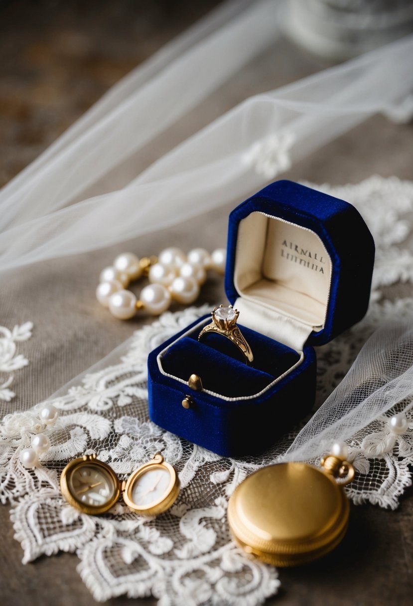 A vintage lace veil drapes over a velvet ring box, surrounded by delicate pearl earrings and a gold locket