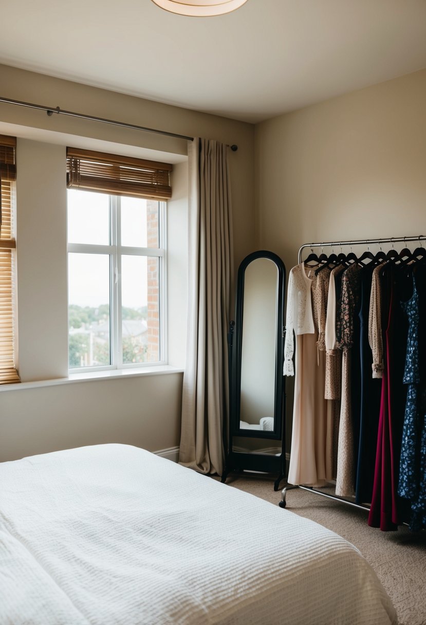 A cozy, well-lit bedroom with a neatly made bed, a rack of stylish outfits, and a full-length mirror for the bride's pre-wedding attire selection