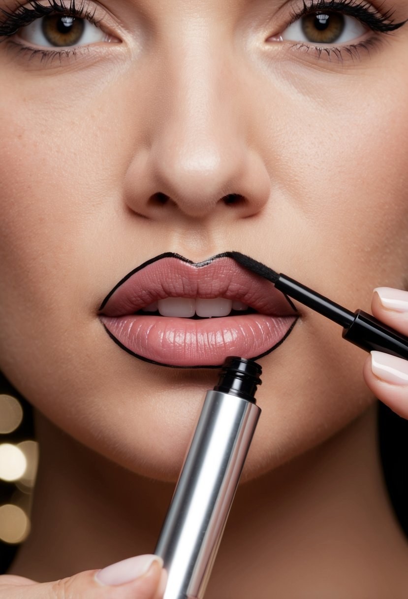 A hand holding a lip liner, drawing a precise line around a pair of luscious lips