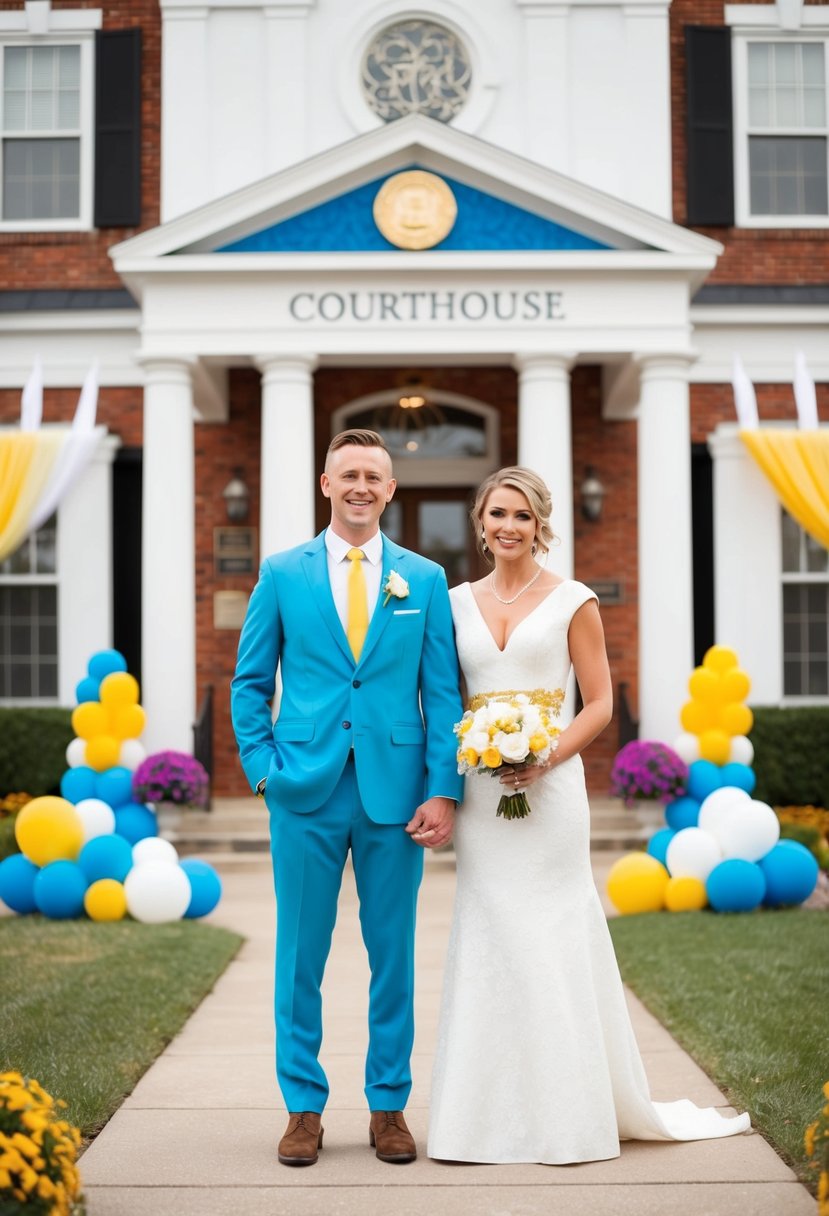 A couple in matching outfits stand outside a courthouse, surrounded by themed decor and coordinating colors