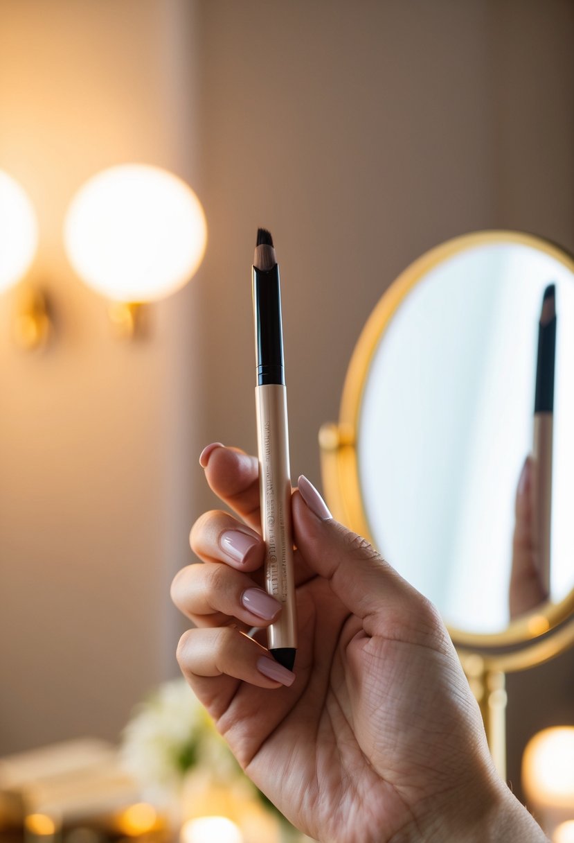 A hand holding a natural-looking brow pencil, surrounded by soft, warm lighting and a mirror for the wedding makeup