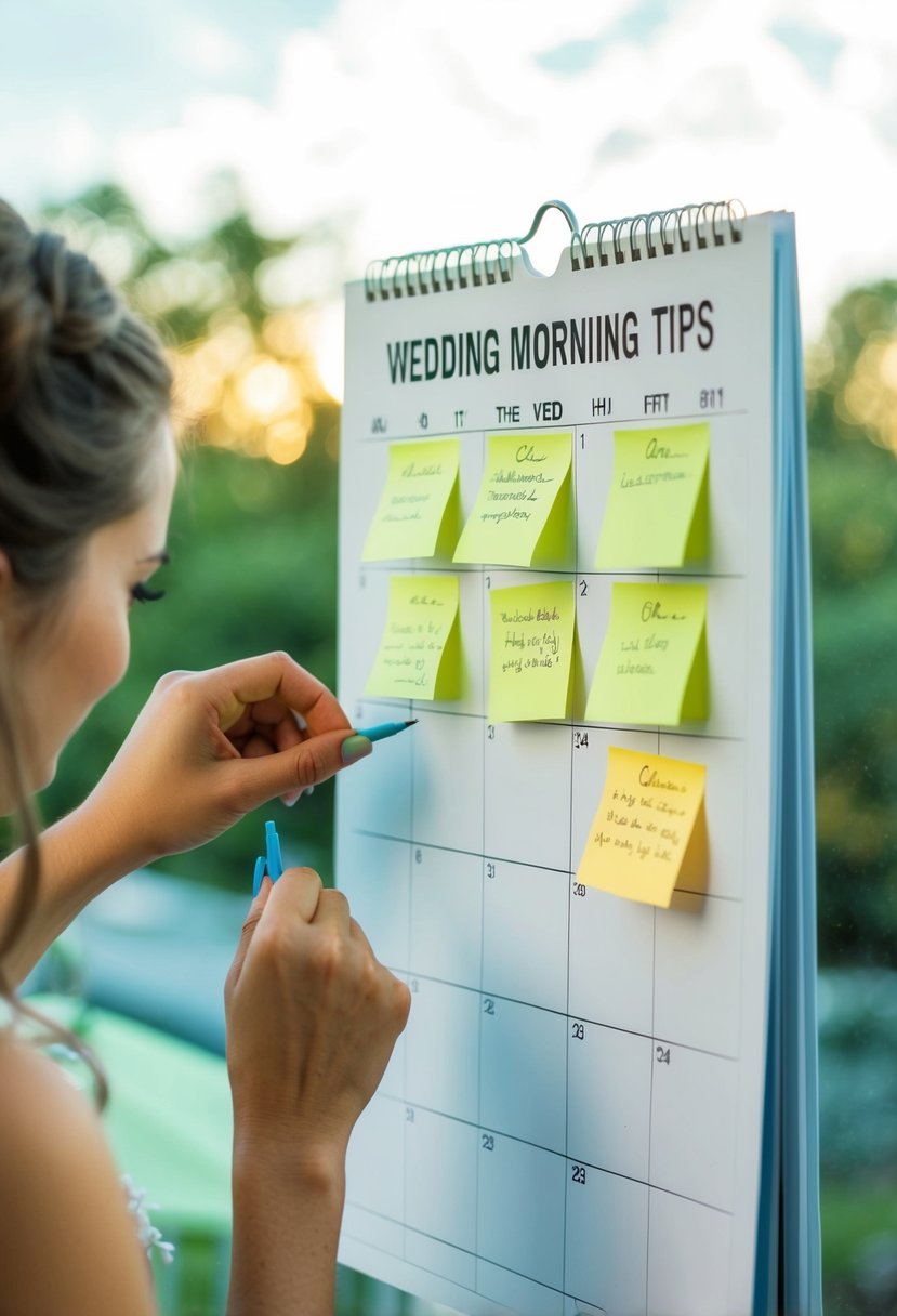 A calendar with wedding morning tips written on sticky notes, being checked off by a friend