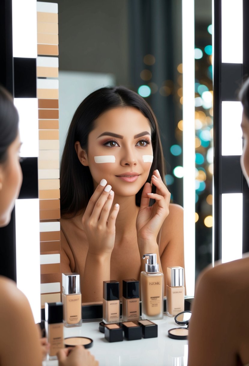 A woman surrounded by different shades of foundation and undertone test strips, studying her skin in a mirror