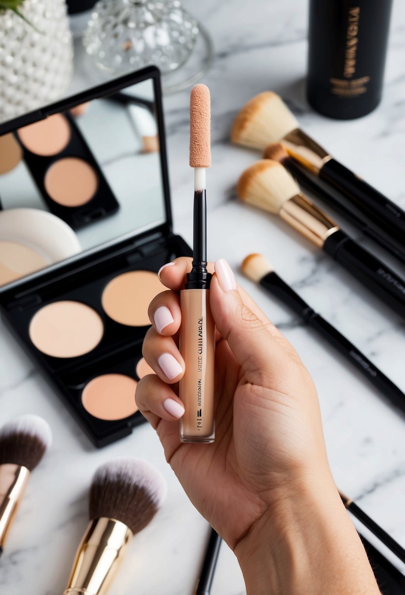 A hand holding a concealer wand, surrounded by makeup brushes and a mirror, with blemishes and dark circles being covered