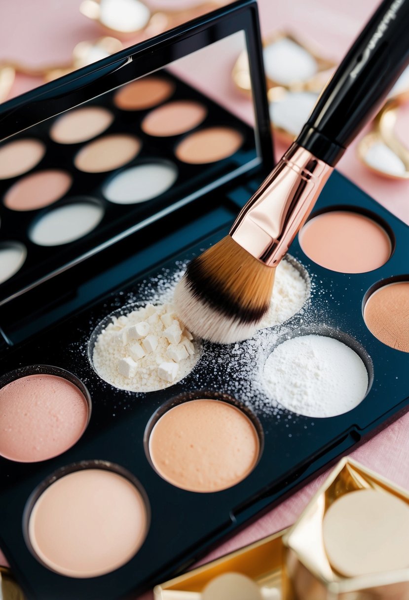 A makeup brush dips into setting powder, reducing shine on a bridal makeup palette