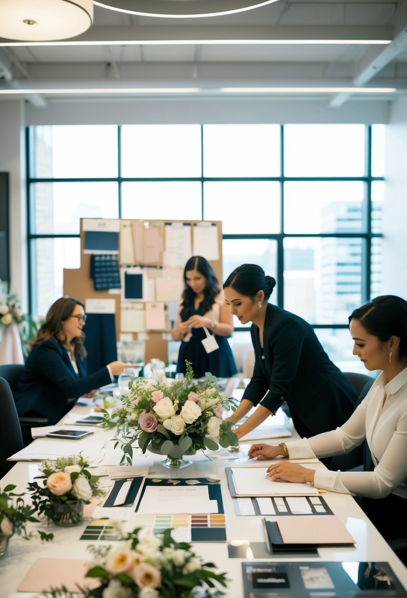 A bustling wedding planning office with mood boards, fabric swatches, and floral arrangements scattered across the desk. A team of designers collaborate on a vision board